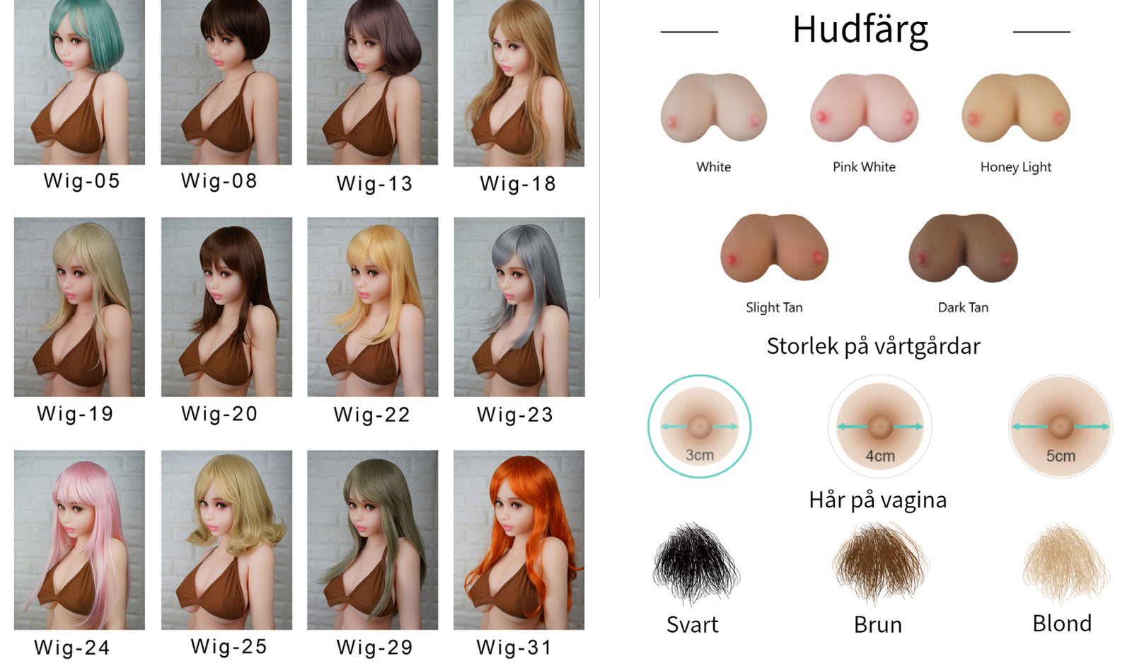 Piper Doll har många olika peruker och valmöjligheter till modifikation av sexdocka. En Piper Doll är gjord av materialet TPE eller silikon.